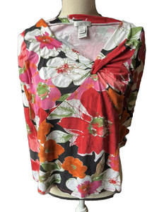 Cache  Womens Top White Pink Black Floral Stretch Blouse S Knotted Front